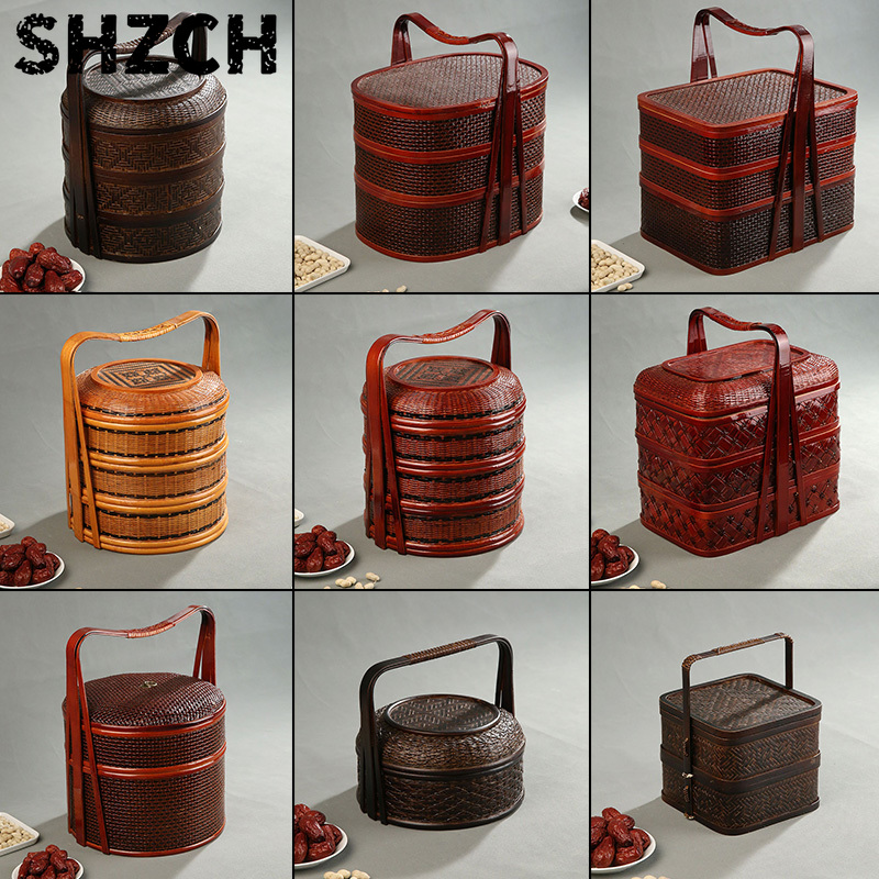 Snacks Food Hamper Basket - Bamboo Picnic Basket with Lid Multi-Layer