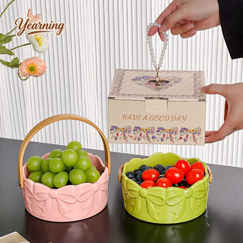High End Bow Handle Ceramic Fr - Snacks Food Gift Baskets 评论和价格